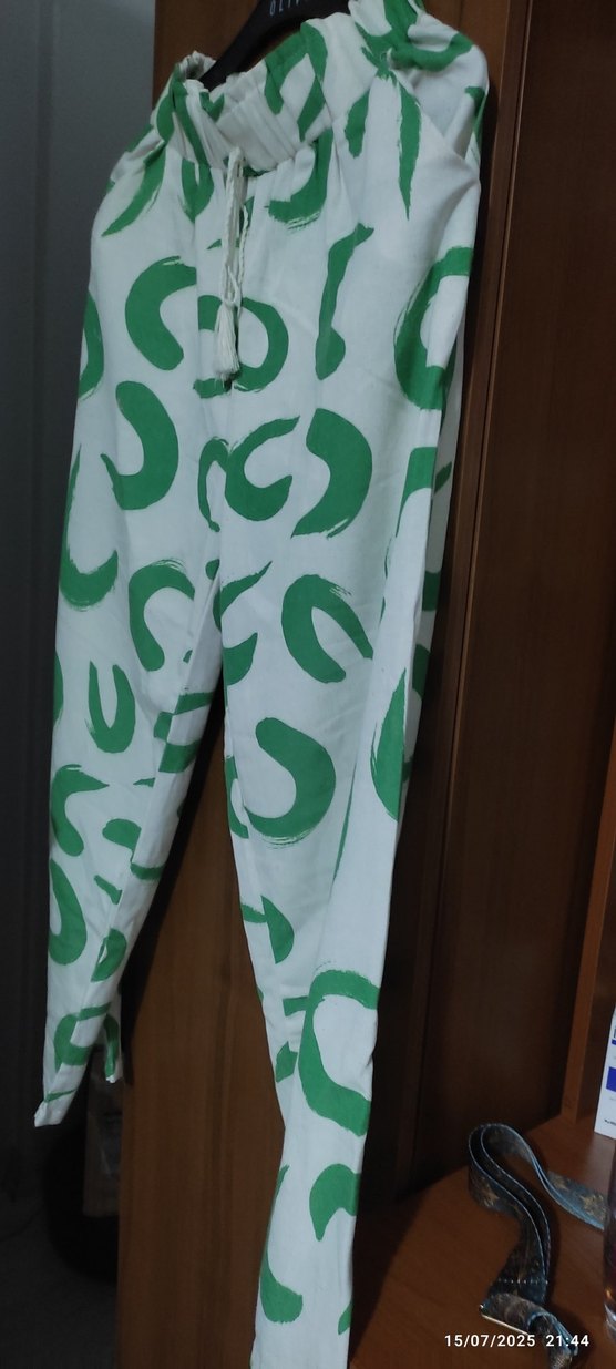 Yeşil Baskılı Rahat Kesim Kadın Keten  Pantolon - Görsel 5