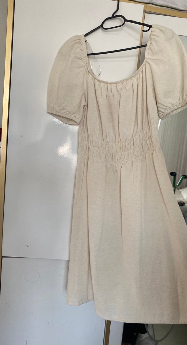 Bej Keten Midi Bohem Elbise - Görsel 2