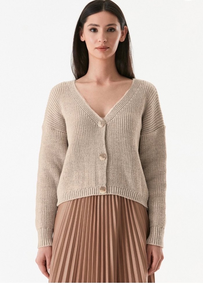 Bej V Yaka Örgü Kadın Hırka - Görsel 2