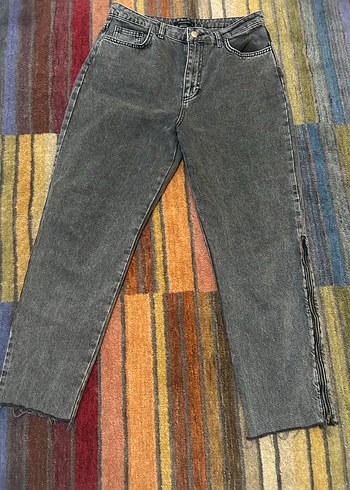 Gri Bağlama Desenli Bol Kesim Kadın Kot Pantolon - Görsel 2