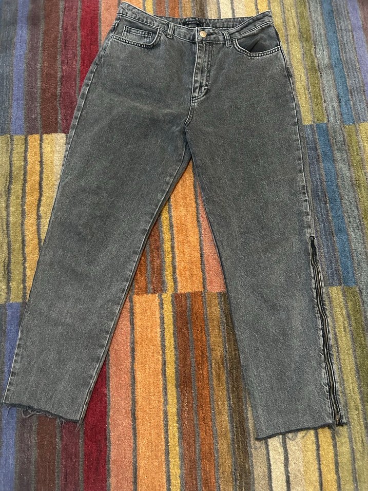 Gri Bağlama Desenli Bol Kesim Kadın Kot Pantolon - Görsel 2