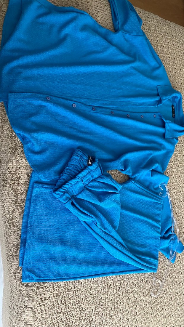 Mavi Düğmeli Keten Kadın Gömlek - Görsel 5