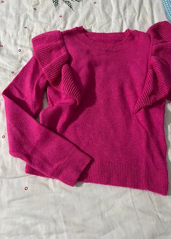 Pembe Triko Kadın Kazak, Uzun Kollu, Fırfırlı - Görsel 2