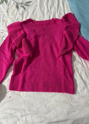 Pembe Triko Kadın Kazak, Uzun Kollu, Fırfırlı - Görsel 4