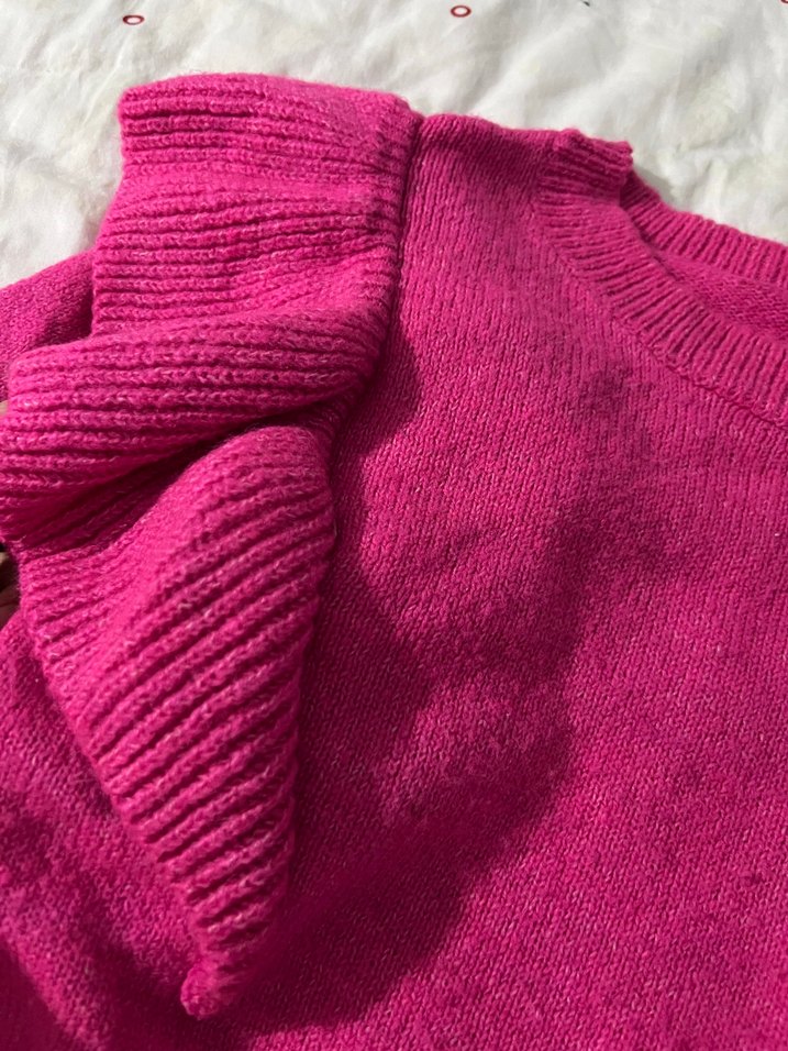 Pembe Triko Kadın Kazak, Uzun Kollu, Fırfırlı - Görsel 3