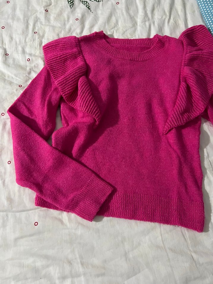 Pembe Triko Kadın Kazak, Uzun Kollu, Fırfırlı - Görsel 2