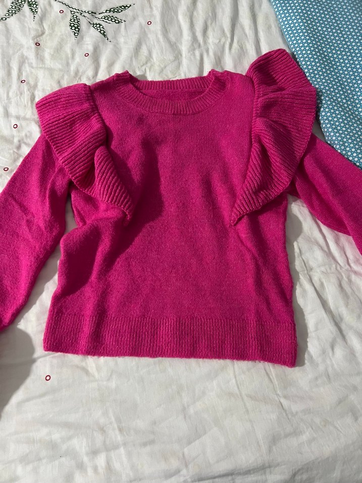 Pembe Triko Kadın Kazak, Uzun Kollu, Fırfırlı - Görsel 4