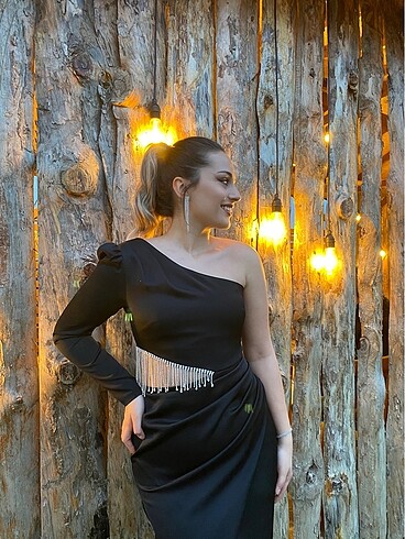 Siyah saten midi boy beli taşlı abiye - Görsel 2