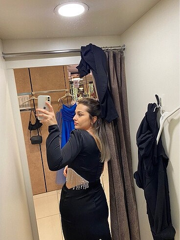 Siyah saten midi boy beli taşlı abiye - Görsel 5