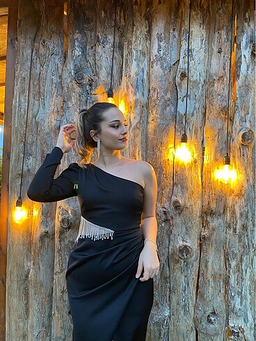 Siyah saten midi boy beli taşlı abiye - Görsel 3