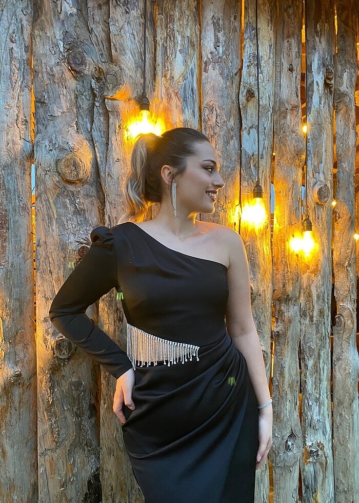 Siyah saten midi boy beli taşlı abiye - Görsel 2