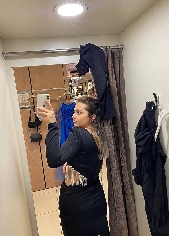 Siyah saten midi boy beli taşlı abiye - Görsel 5