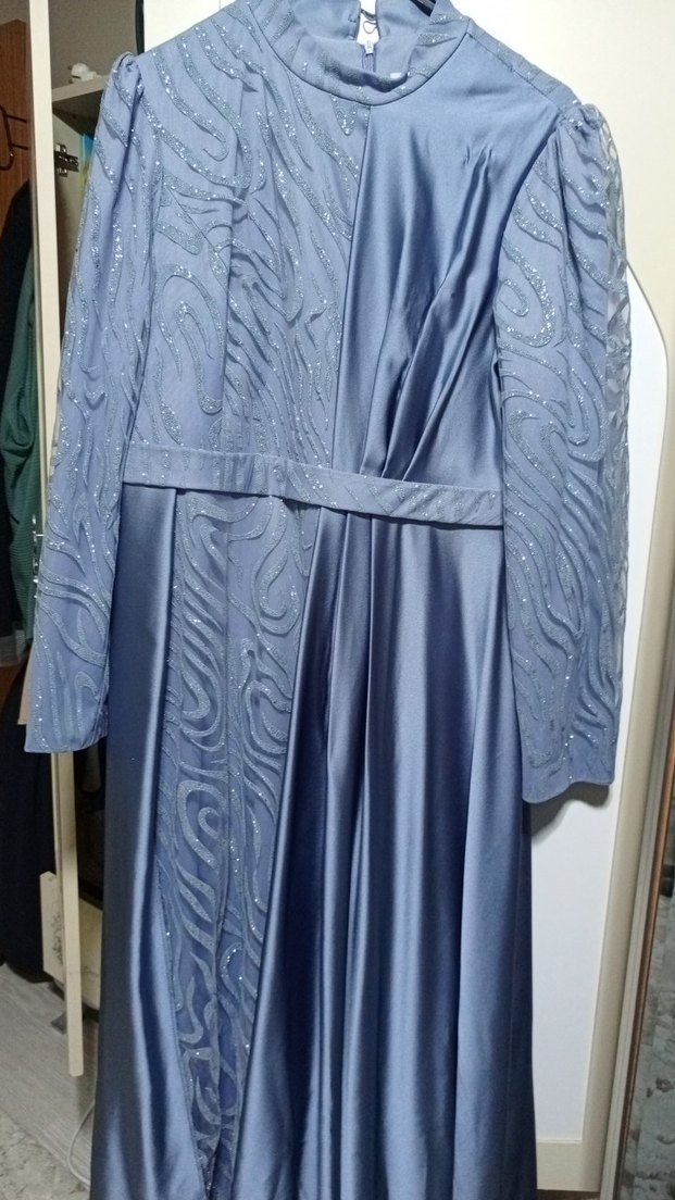 Uzun Gri Drapeli Kadın Abiye Elbise - Görsel 2