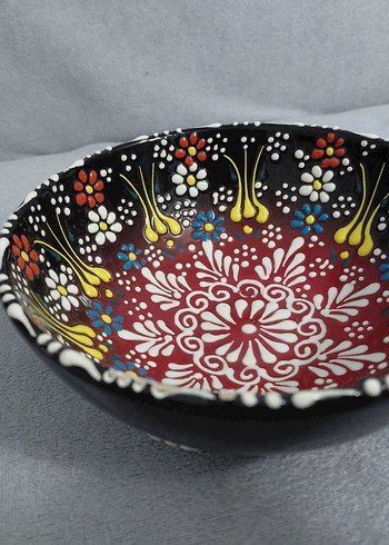 Renkli Çiçek Desenli El Yapımı Seramik Kase - Görsel 2