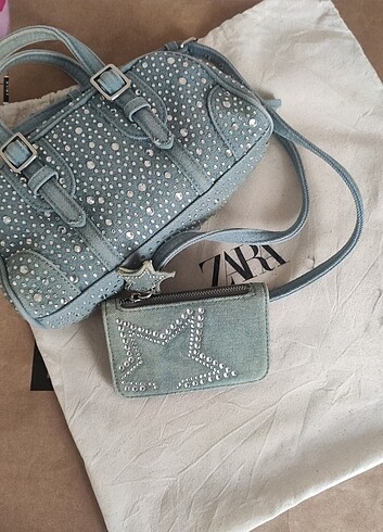 zara taşlı denim çanta