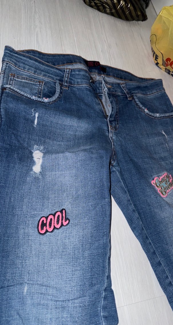 Nakışlı, Tokalı Mavi Kadın Kot Pantolon - Görsel 2