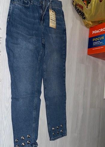 Düğmeli Mavi Kadın Denim Pantolon - Görsel 4