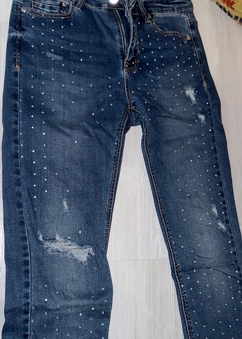 Parlak Taşlı Mavi Skinny Denim Pantolon - Görsel 2