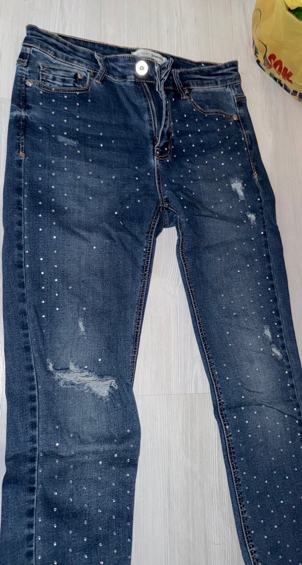 Parlak Taşlı Mavi Skinny Denim Pantolon - Görsel 2