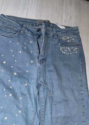 İnci İşlemeli Mavi Skinny Kadın Kot Pantolon - Görsel 3