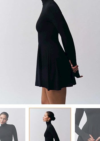 Siyah Yüksek Yakalı Uzun Kollu Mini Elbise - Görsel 3