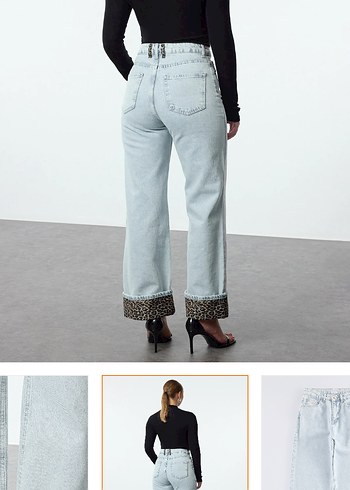 Bol Kesim Gri Denim Leopar Detaylı Jean - Görsel 2