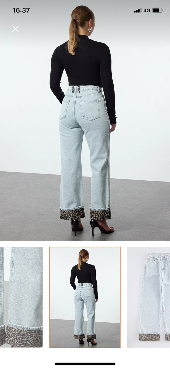 Bol Kesim Gri Denim Leopar Detaylı Jean - Görsel 2