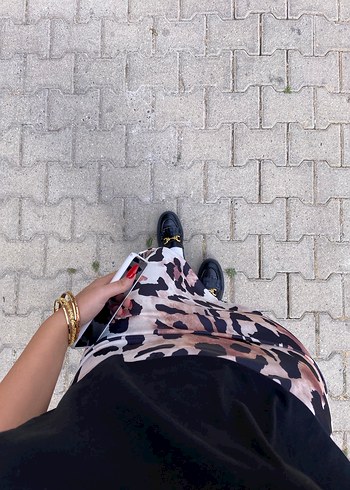 Kahverengi Leopar Desenli Uzun saten Etek - Görsel 2