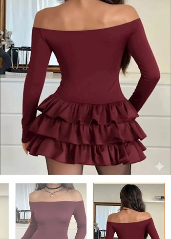 Bordo Straplez Fırfırlı Mini Elbise - Görsel 2