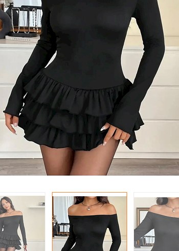 Siyah Fırfırlı Straplez Mini Elbise - Görsel 3