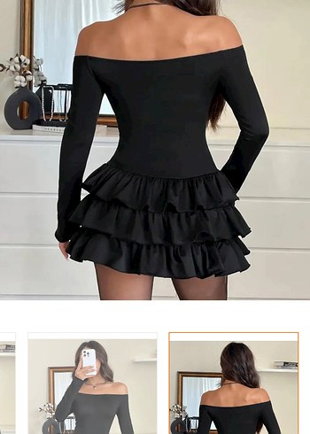 Siyah Fırfırlı Straplez Mini Elbise - Görsel 2