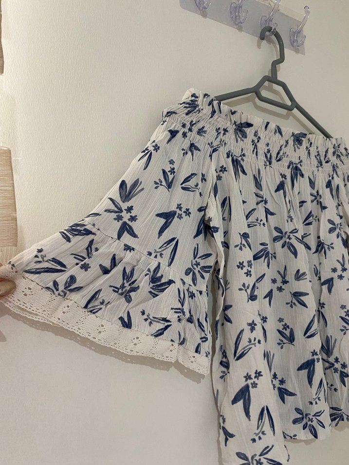 Bohem Beyaz Straplez Kısa Kollu Bluz - Görsel 2