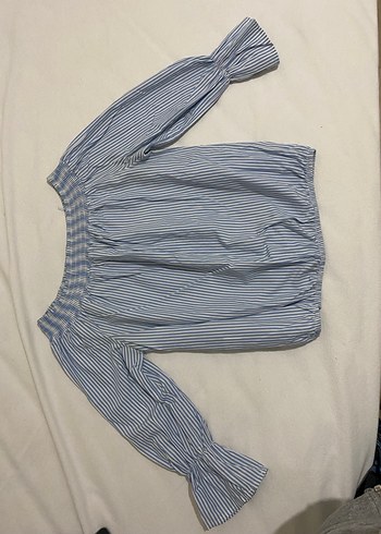 Mavi Çizgili Kadın Bluz, Uzun Kollu, Kayık Yaka - Görsel 3