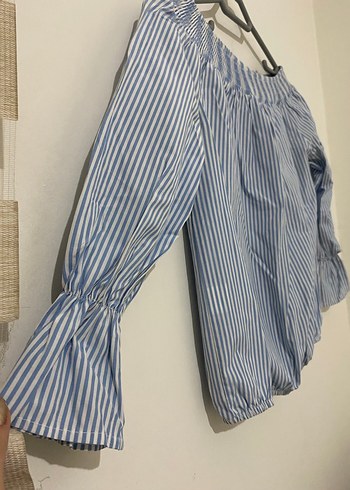 Mavi Çizgili Kadın Bluz, Uzun Kollu, Kayık Yaka - Görsel 2