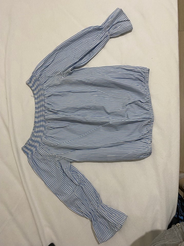 Mavi Çizgili Kadın Bluz, Uzun Kollu, Kayık Yaka - Görsel 3