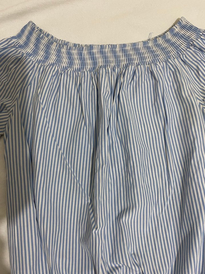 Mavi Çizgili Kadın Bluz, Uzun Kollu, Kayık Yaka - Görsel 4