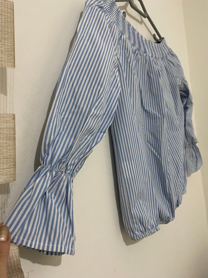 Mavi Çizgili Kadın Bluz, Uzun Kollu, Kayık Yaka - Görsel 2