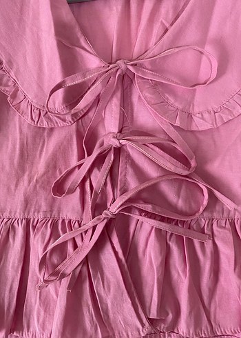 Pembe Fırfırlı V Yaka Kadın Bluz - Görsel 3