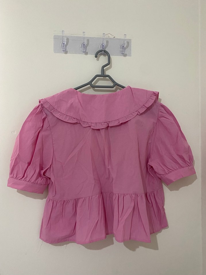 Pembe Fırfırlı V Yaka Kadın Bluz - Görsel 2