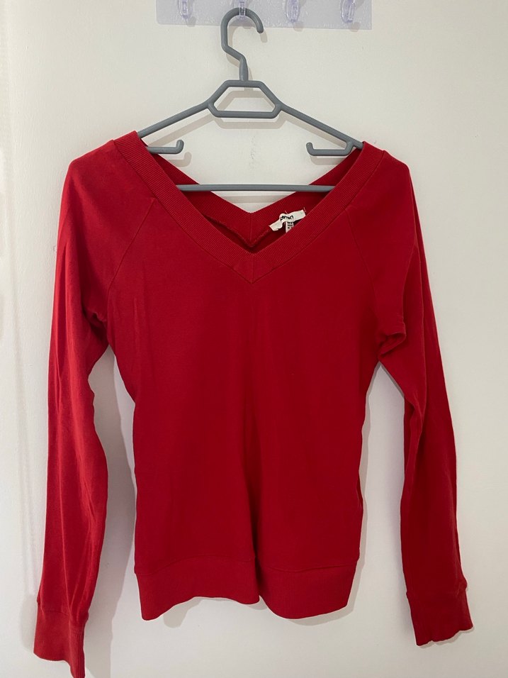 Kırmızı V Yaka Uzun Kollu Kadın Kazak - Görsel 2