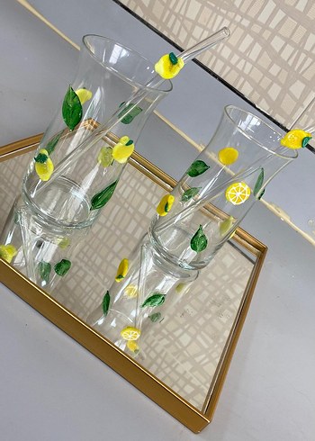 Beden Limon Desenli Murano Cam Bardak Seti