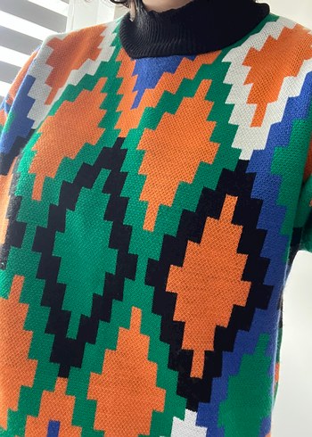 Bohem Çok Renkli Desenli Örgü Kadın Kazak - Görsel 5