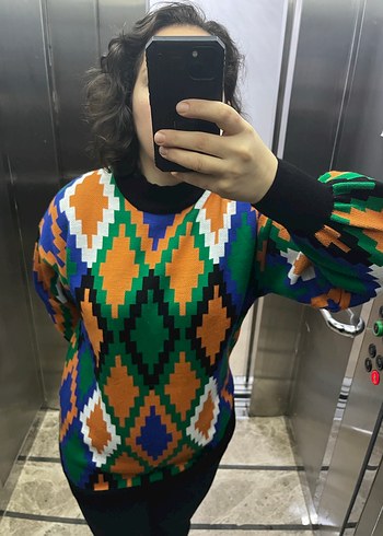 Bohem Çok Renkli Desenli Örgü Kadın Kazak - Görsel 4