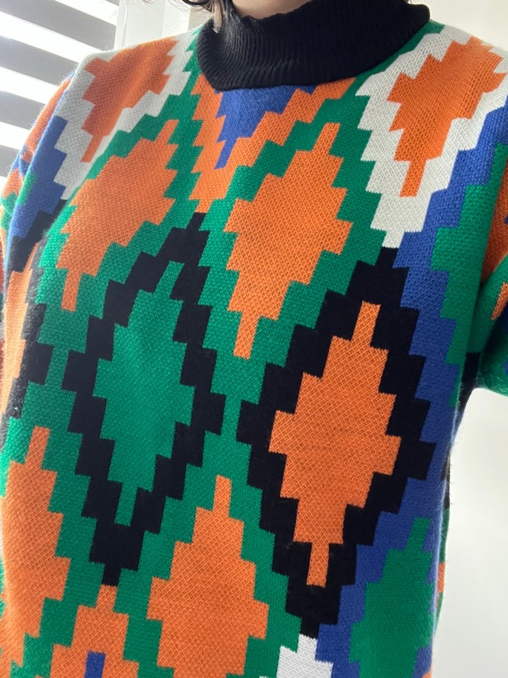 Bohem Çok Renkli Desenli Örgü Kadın Kazak - Görsel 5