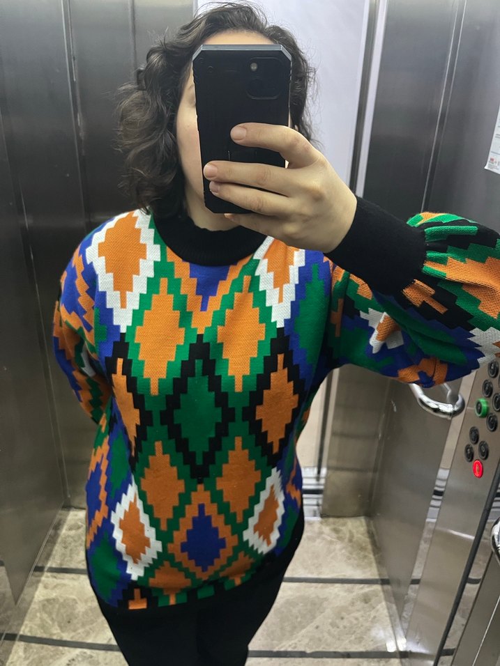 Bohem Çok Renkli Desenli Örgü Kadın Kazak - Görsel 4