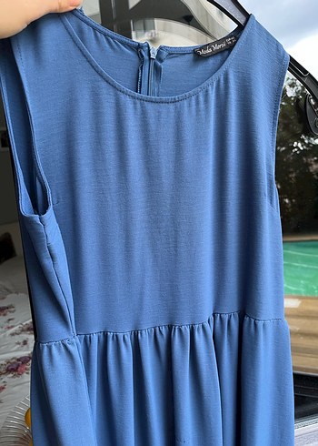 Mavi Keten Salaş Uzun Elbise - Görsel 3