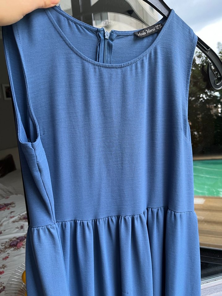 Mavi Keten Salaş Uzun Elbise - Görsel 3