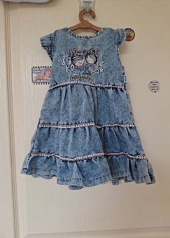 Diğer Renkli Nakışlı Kız Denim Elbise