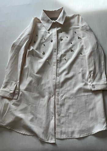 Nakışlı Beyaz Keten Uzun Kollu Gömlek - Görsel 2