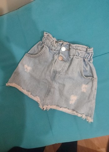 Düğmeli Bağcıklı Mavi Denim Kız Eteği - Görsel 2